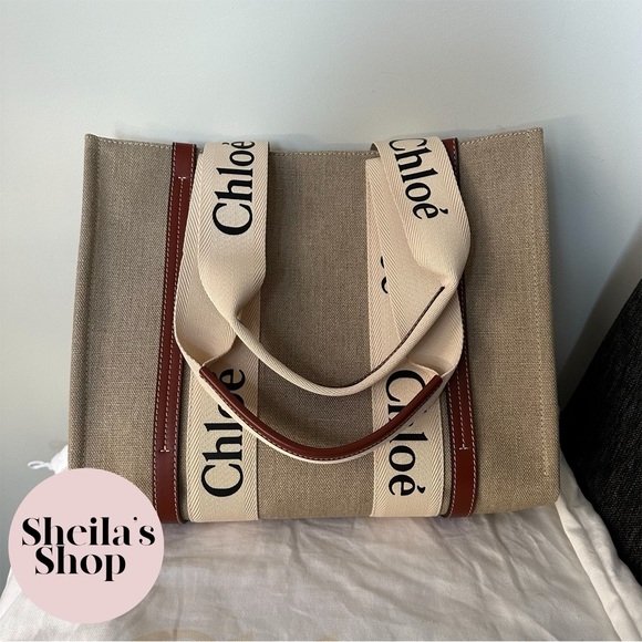 NWT Chloe Woody Medium Tote Bag Leather-Trimmed Canvas White & Brown - Picture 8 of 10